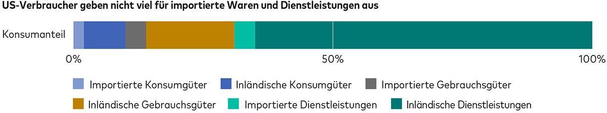 Ein Balkendiagramm zeigt den Warenkorb eines US-Verbrauchers, aufgeschlüsselt nach Kategorien und Quellen. Der Anteil der importierten Gebrauchsgüter beträgt 2%, der Anteil der inländisch produzierten Gebrauchsgüter 8%, der Anteil der importierten Verbrauchsgüter 4%, der Anteil der inländisch produzierten Verbrauchsgüter 17%, der Anteil der importierten Dienstleistungen 4% und der Anteil der inländischen Dienstleistungen 65%.